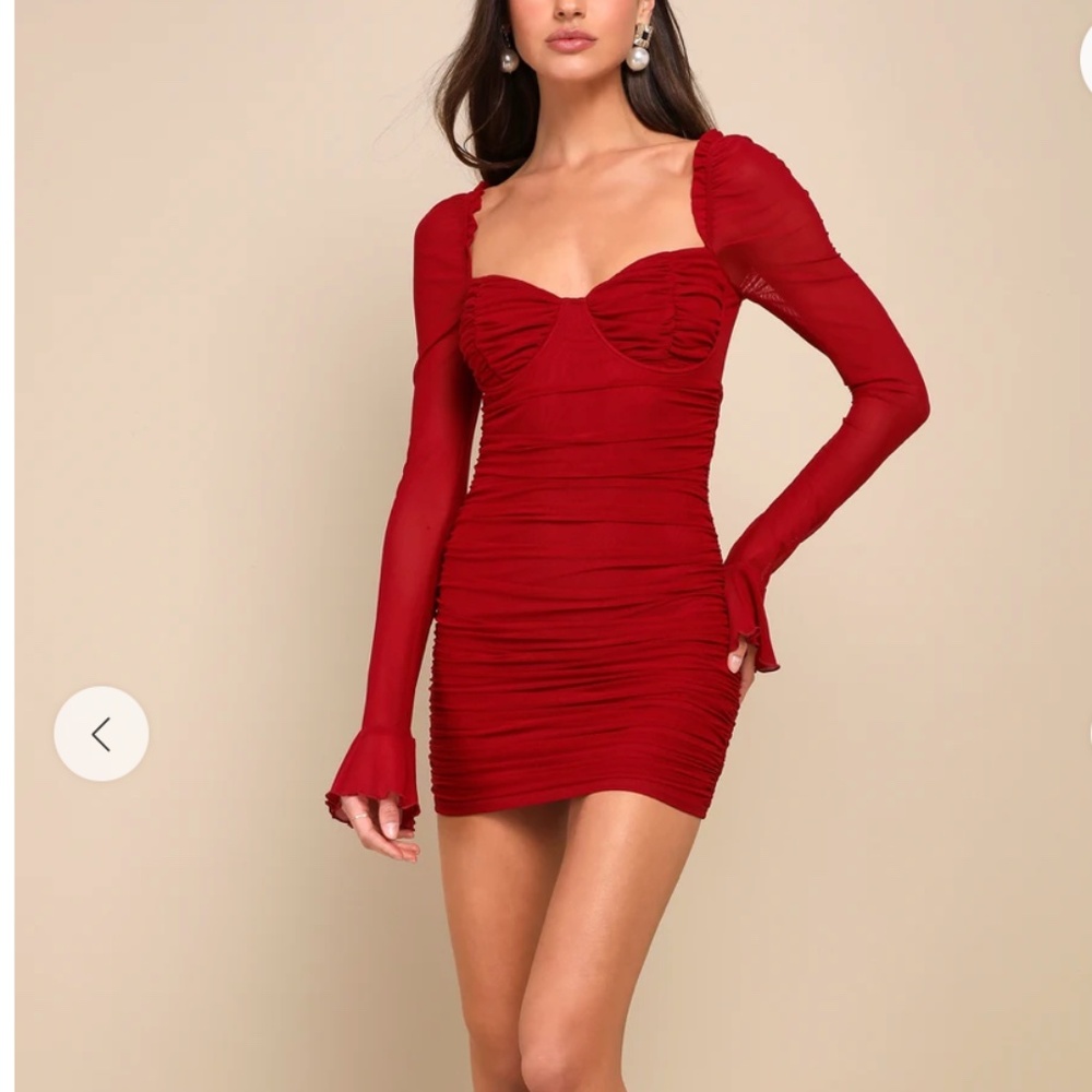 Red Holiday Dress! NWT Lulu's Dark Red Mesh Ruched Bustier Mini